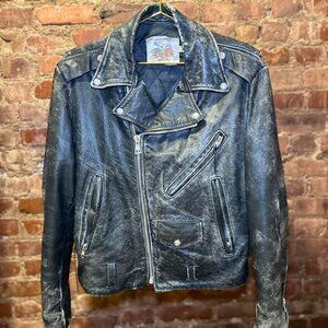 Vintage faded leather motorcycle jacket with lace-up sides and zippered sleeves
